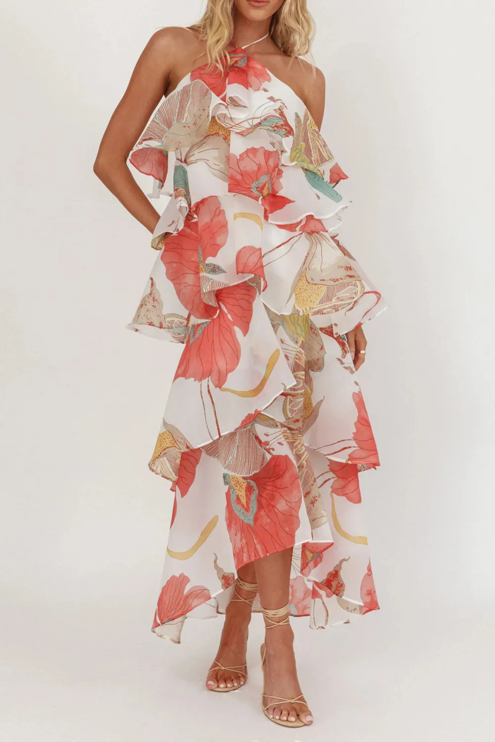 Casual Holiday Style Halterneck Ruffle Dress