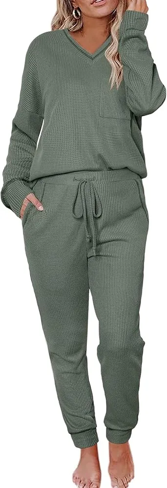 Women's Long Sleeve Knit Loungewear Set Jogger Pants Outfit