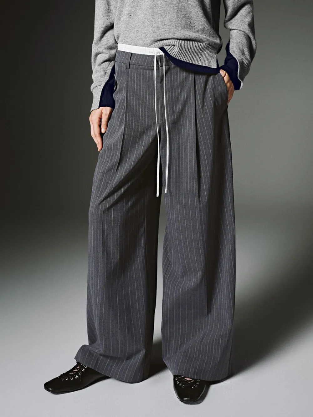 Ladies' Grey Striped Artistic Wide-Leg Trousers