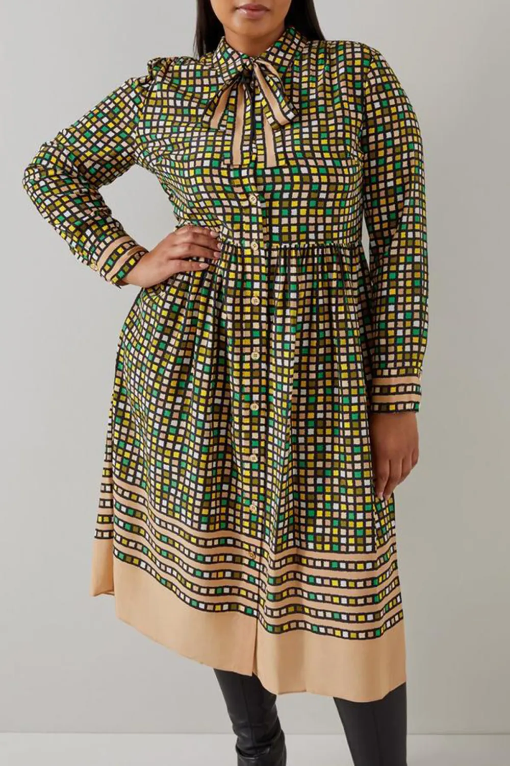 Green Checkered Tie Neck Two Tone Dress