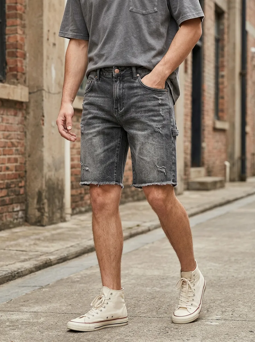 Men's Five Pocket Raw Hem Denim Shorts with Washed Detail