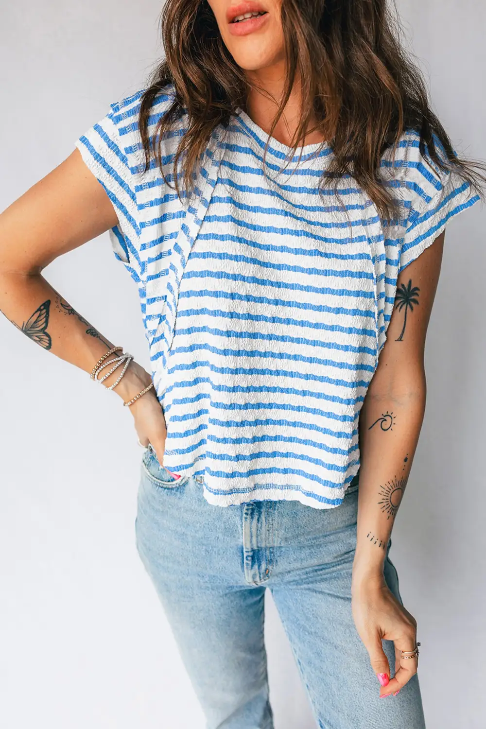 Short-Sleeve Patchwork Textured Striped T-Shirt