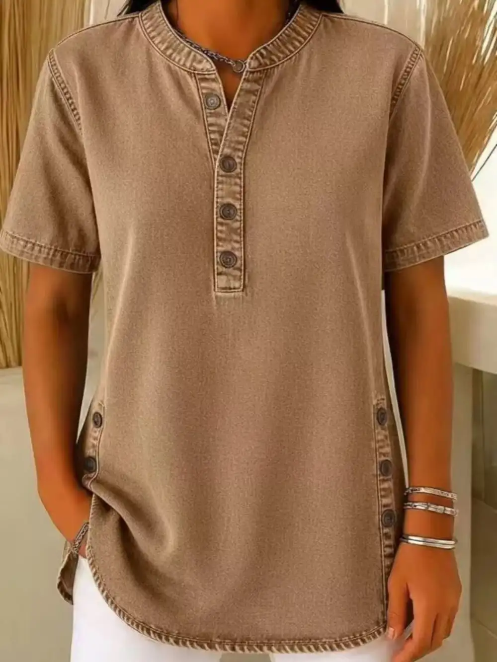Button Detail Short Sleeve Blouse Plus