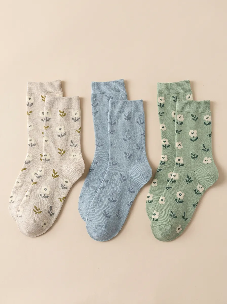 Women's Floral Leaf Cuff Crew Socks Three Pair Set