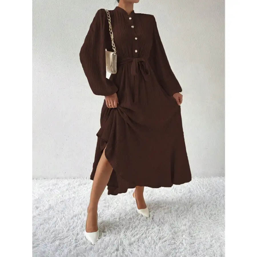 Half Button Tie Waist Long Sleeve Maxi Dress