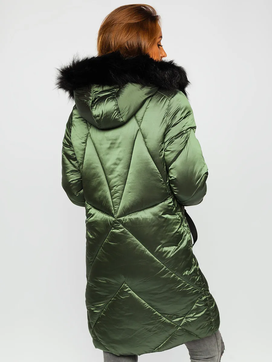 women's green quilted winter jacket with hood