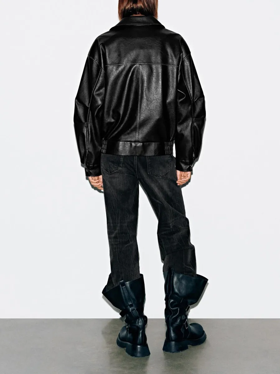 A Fashionable Black Lapel And Cinched Waist Leather Jacket For Ladies