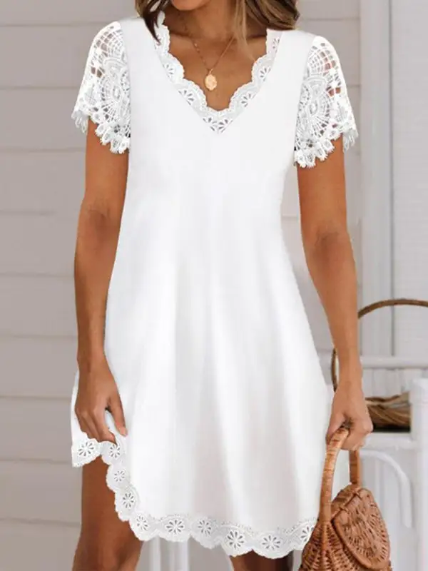 Relaxed Short Sleeve Solid Color Split Joint V Neck Mini Dress