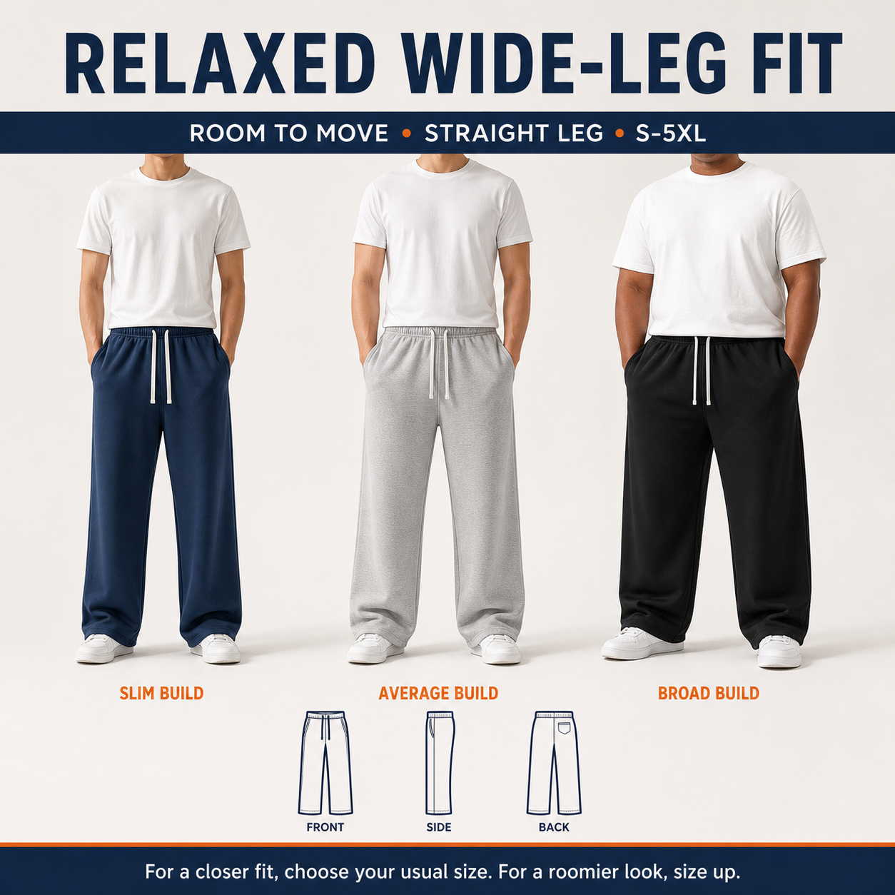 Relaxed wide-leg sweatpants fit guide S to 5XL