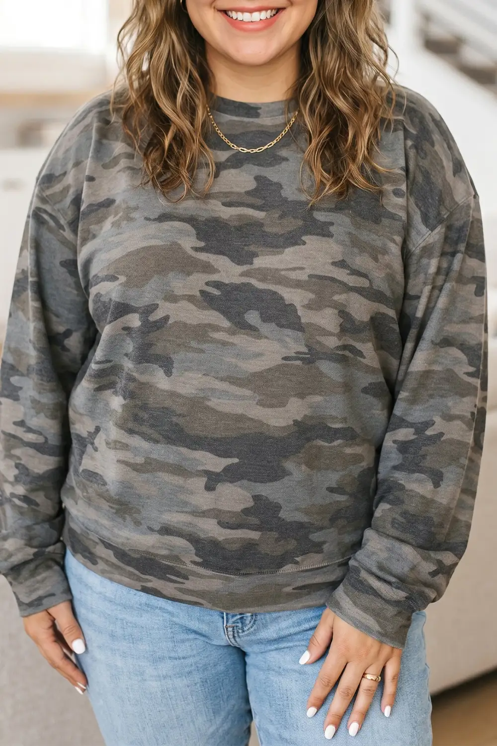Camouflage Print Relaxed Stretch Fabric Long Sleeve Top