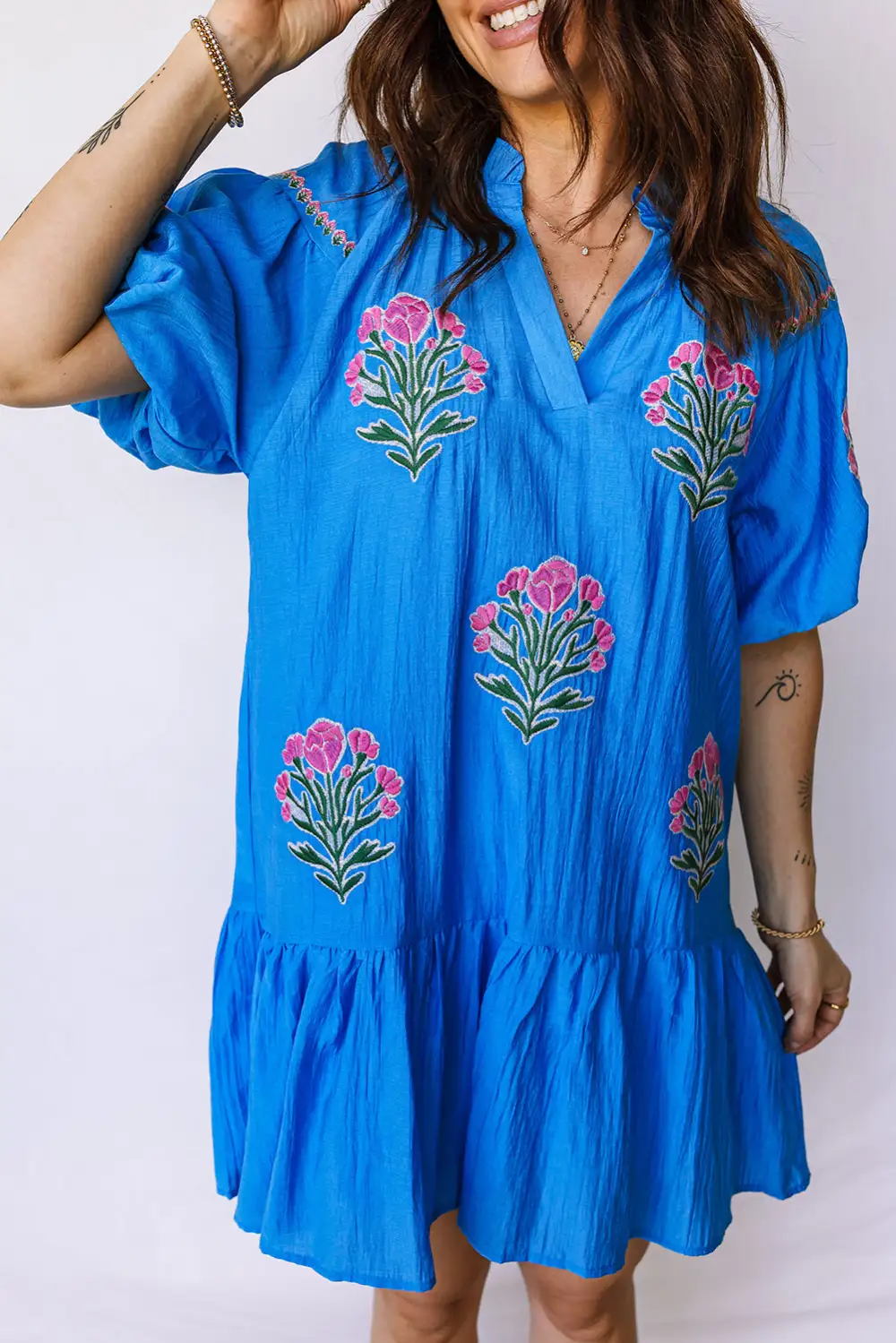 Polished Detail Floral Embroidered Split Neck Dress