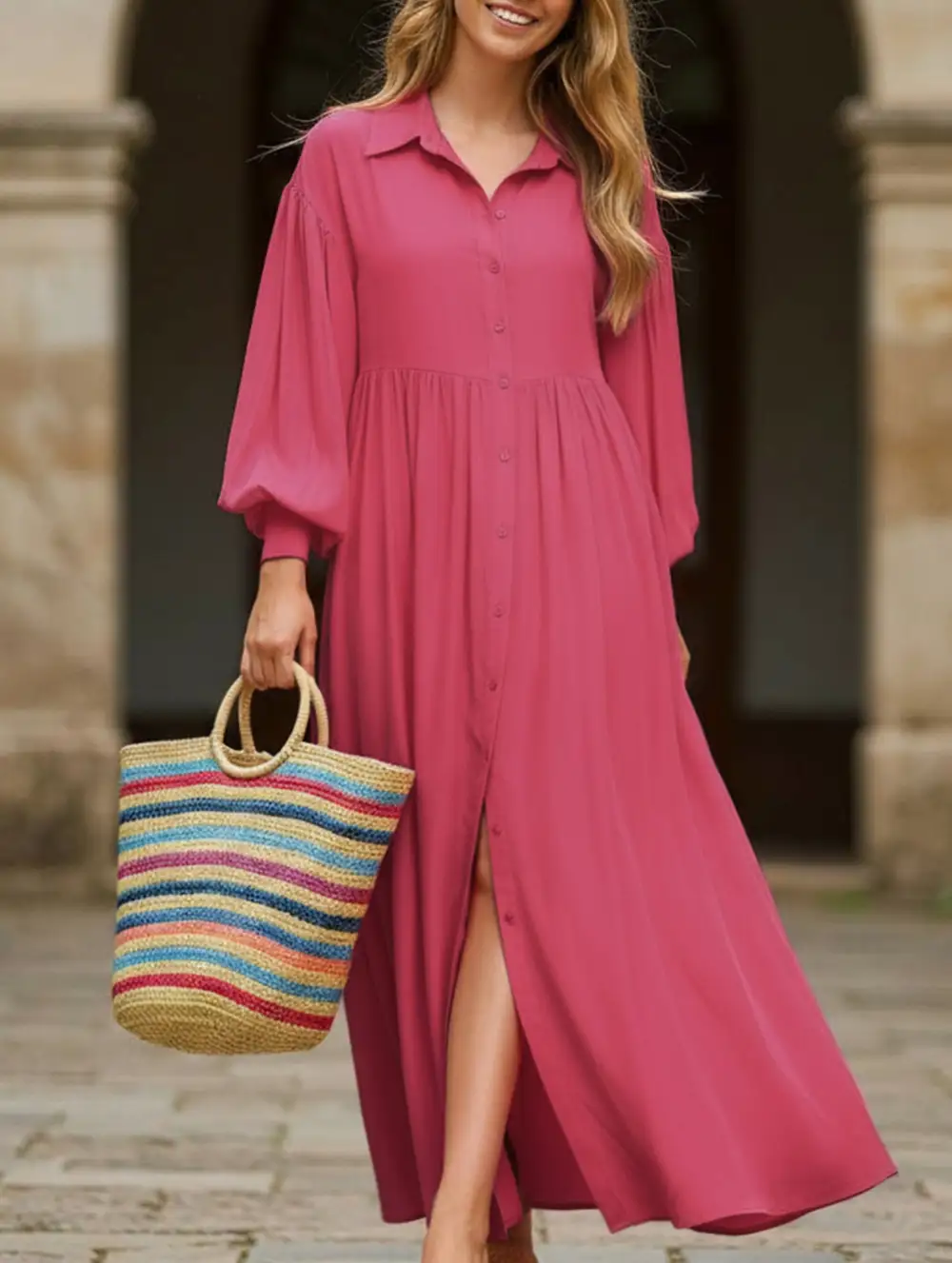 Button-Down Lapel Pleated Long-Sleeve Maxi Dress