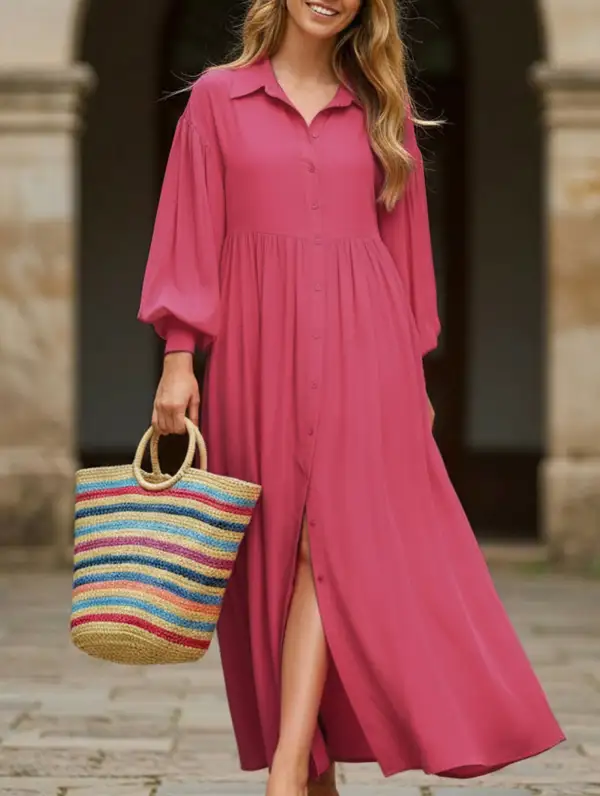 Button-Down Lapel Pleated Long-Sleeve Maxi Dress