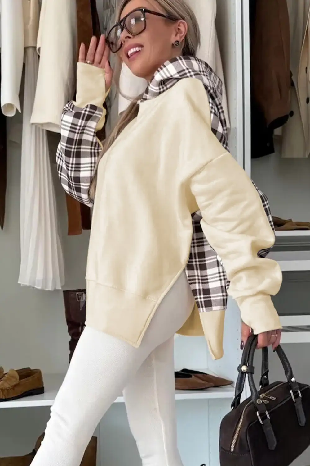 Plaid Patchwork Side Slit Sweatshirt
