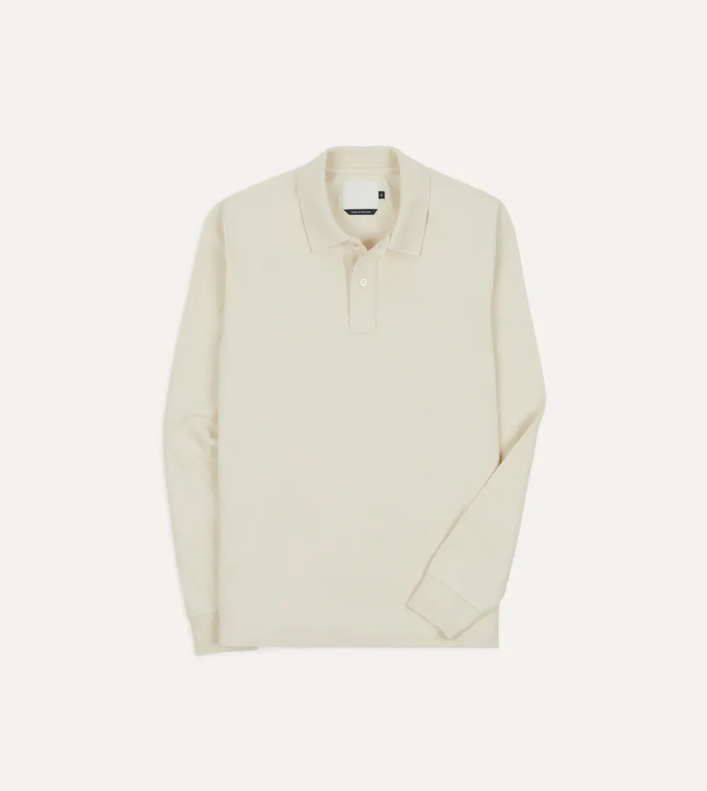 Ecru Pique Cotton Long-Sleeve Polo Fall And Winter Shirt