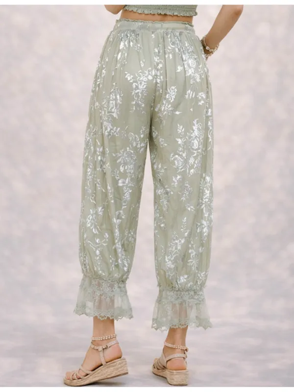 Lace Hem Flocked Elastic Waist Lantern Pants