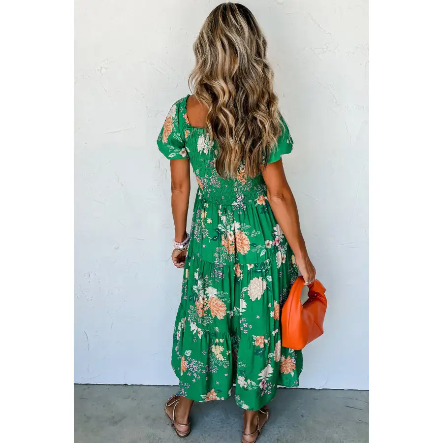 Bubble Bubble Sleeve Smocked Tiered Midi Dress