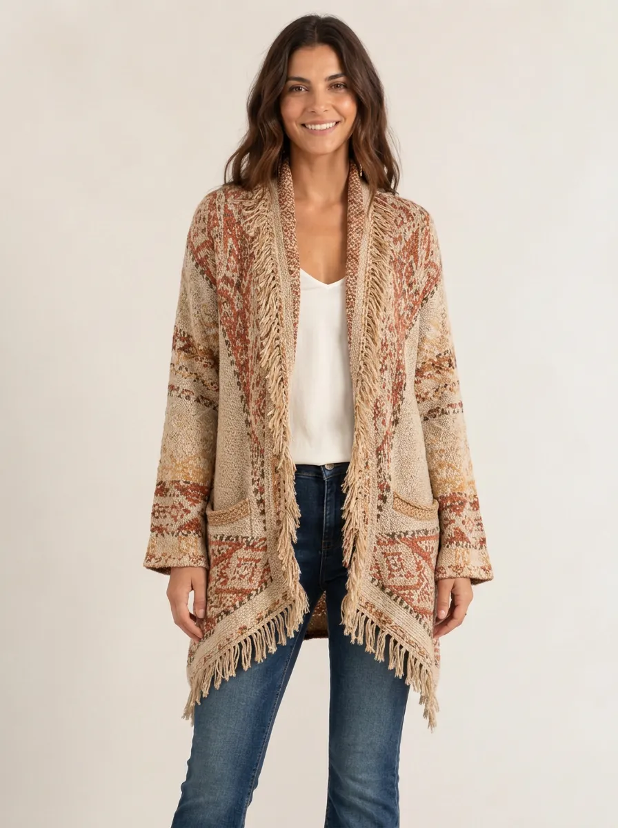 Women's Boho Tribal Pattern Fringe Trimmed Knitted Cardigan