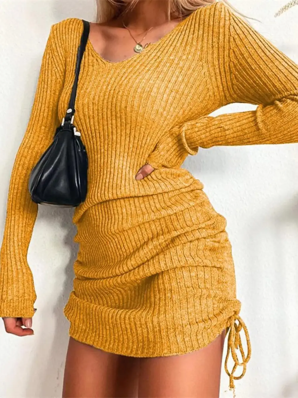 Ribbed Knit Drawstring Sweater Dress