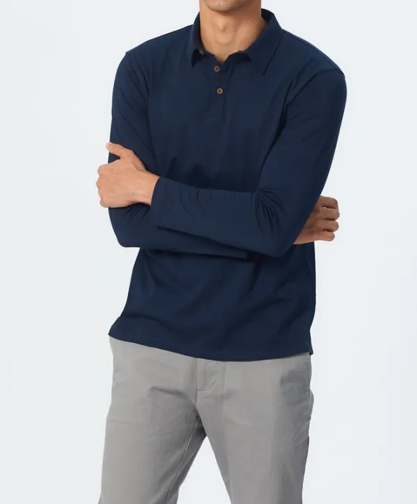 Deep Blue Long Sleeve Cotton Polo Shirt