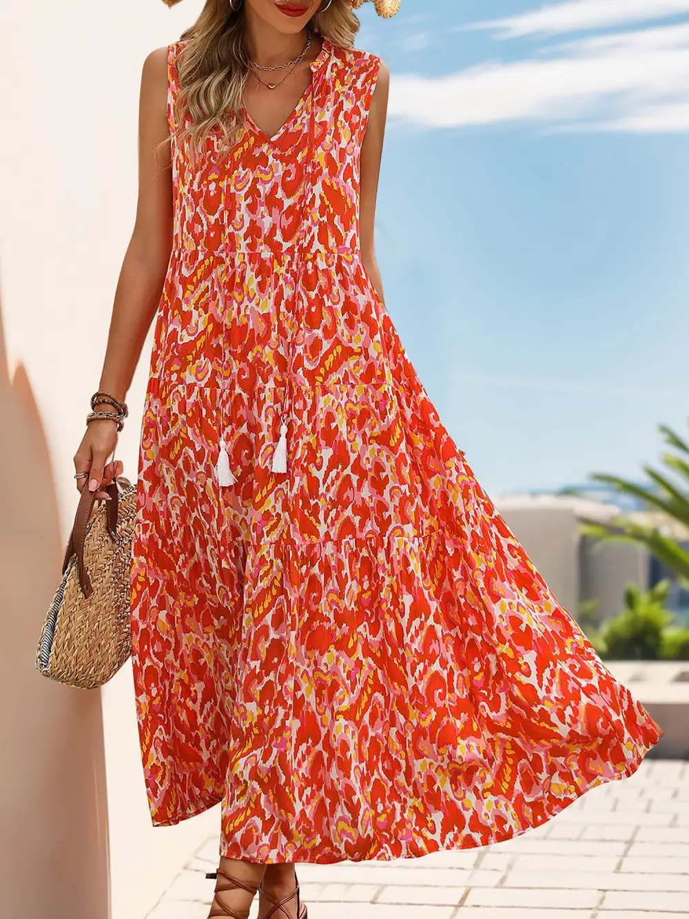 Graphic Sleeveless Tiered A-Line Midi Dress