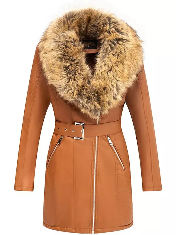 Ladies PU autumn/winter leather jacket with detachable faux fur collar
