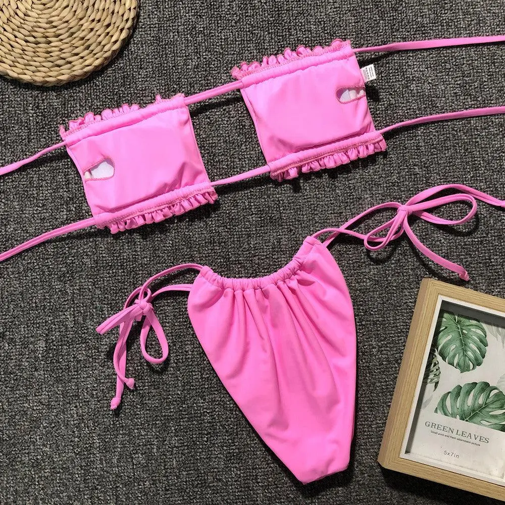 Frill Trim Ruched Bikini Swim Set