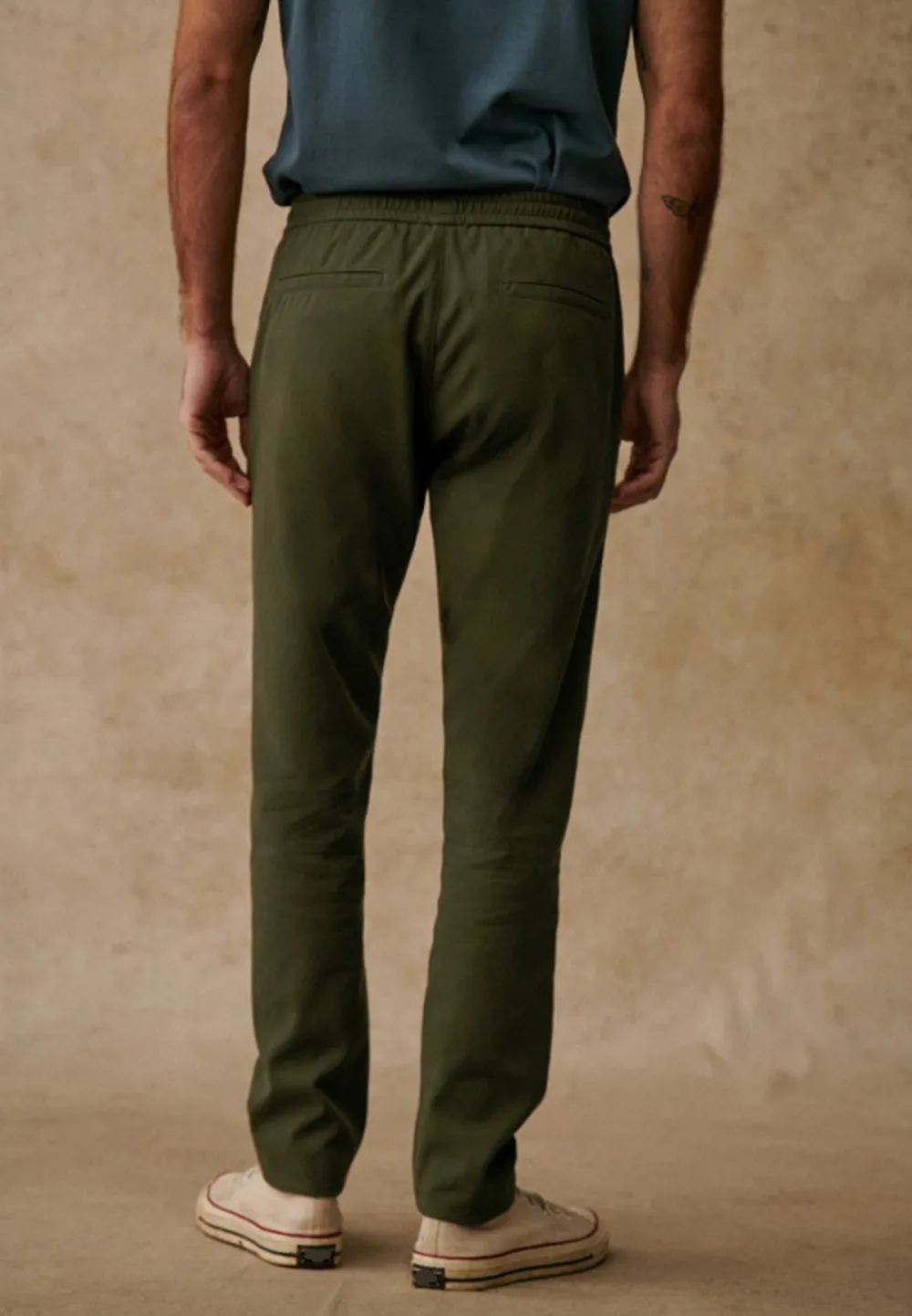 Olive Green Cotton Linen Blend Drawstring Trousers