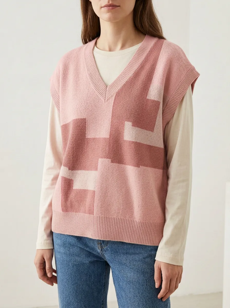 Geometric Vneck Button Sweater Vest