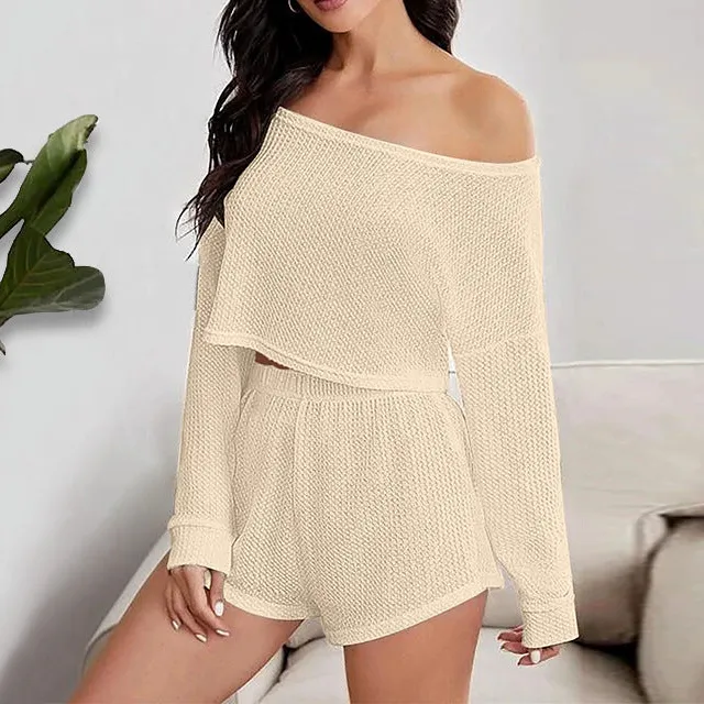 Off the Shoulder Long Sleeve Crop Top and Shorts Pajama Set