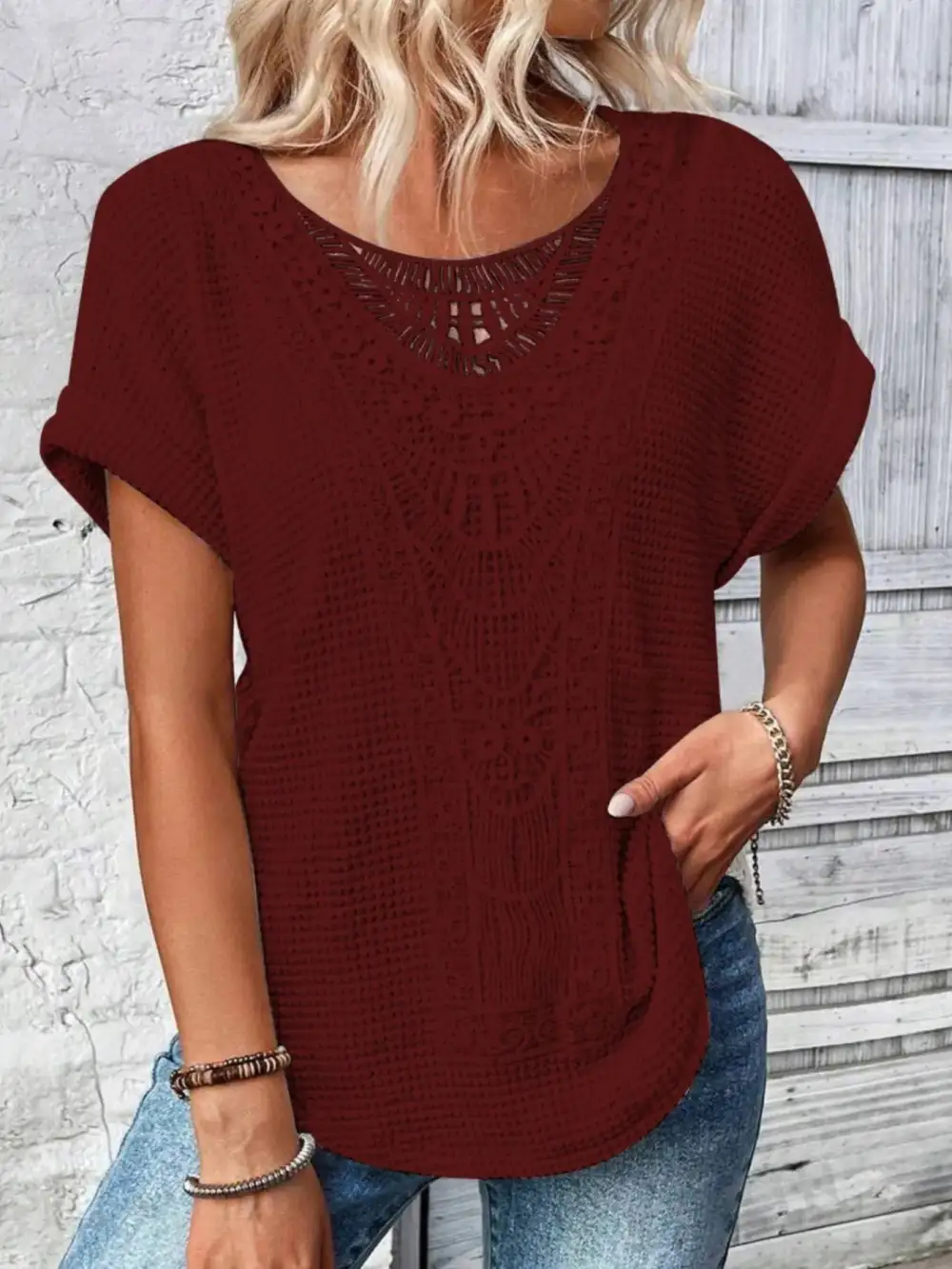Refined Short-Sleeve Lace-Detail Knit T-Shirt