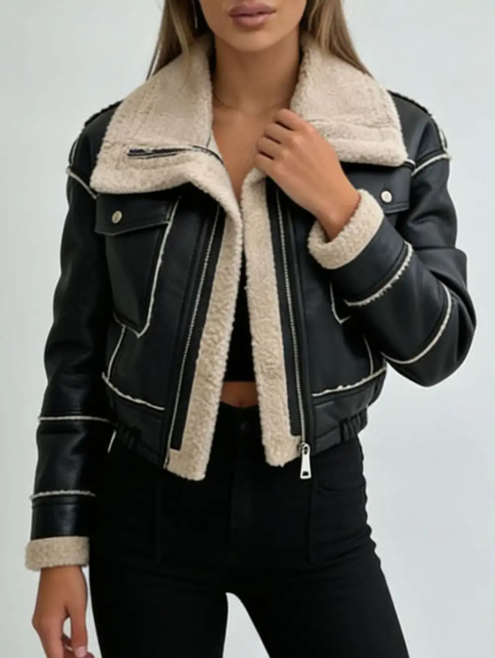 Short Zip Front Motorcycle Pu Leather Jacket