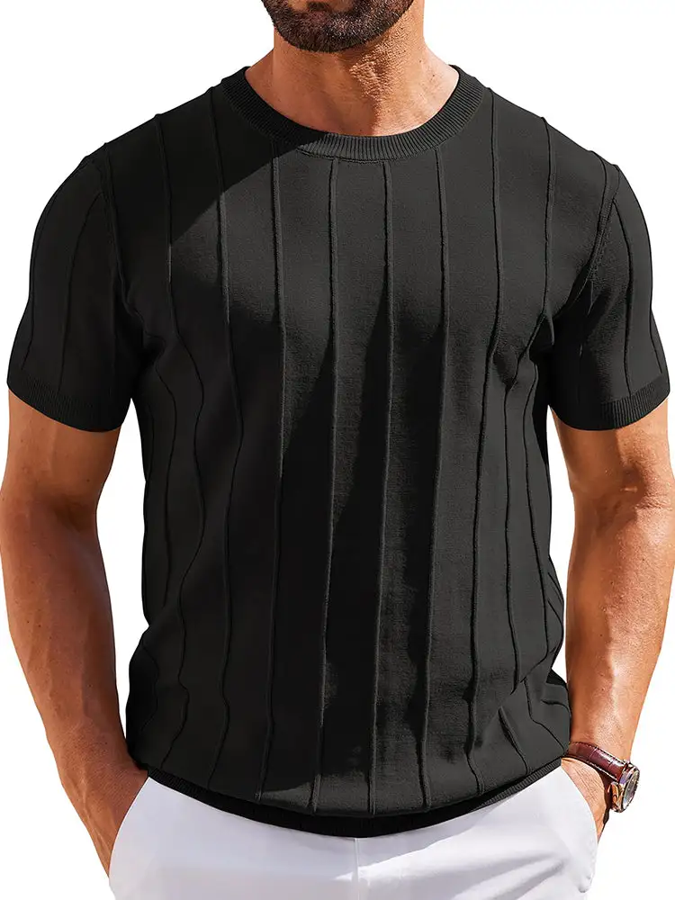 Casual Short Sleeve Ribbed Knit Pullover Tee