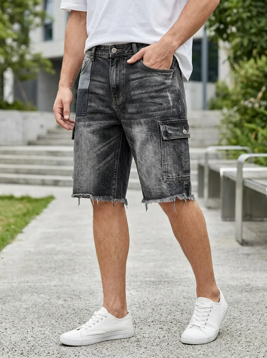 Men's Washed Black Patchwork Raw Hem Cargo Denim Shorts