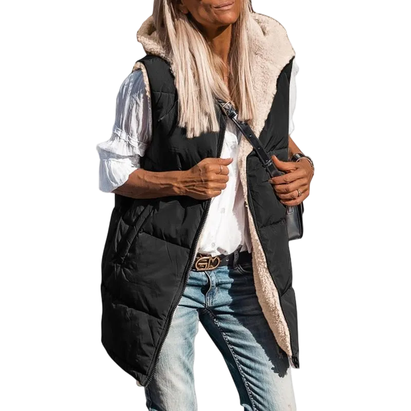 Women's military green double-faced fleece vest with pockets and a hood, long zip-up coat