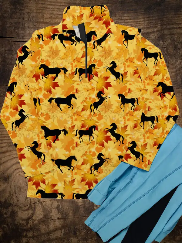 Spring, Summer, Autumn and Winter Women's Equestrian Style Maple Leaf Horse Print Long Sleeve Casual Shirt