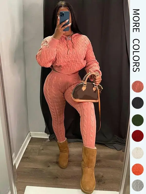 Women's Minimalist Textured Long Sleeve Crop Hooded Sweater& High Waist Skinny Pants Set