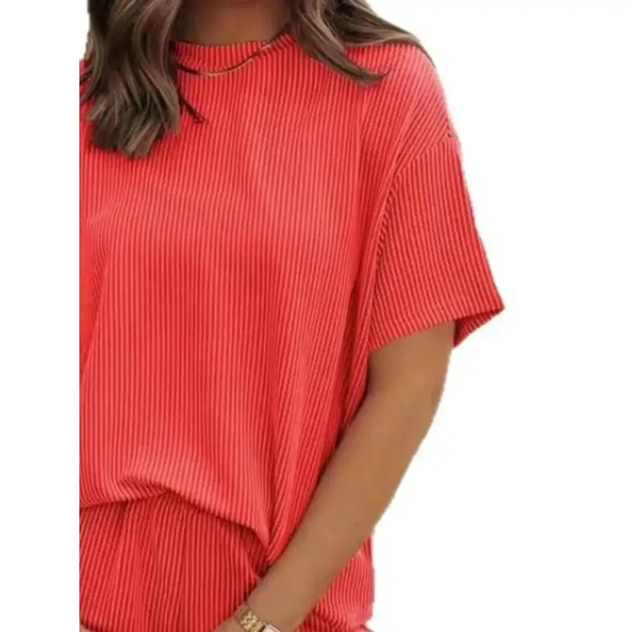 Ribbed Short Sleeve Top and Shorts Two Piece Set