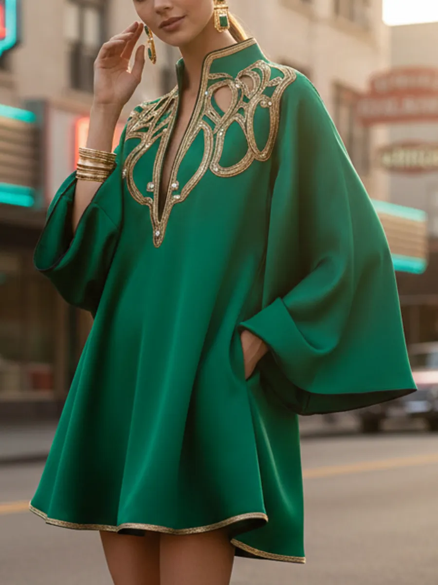 A Line Long Sleeve Contrast Color Printed Split Joint Stand Collar