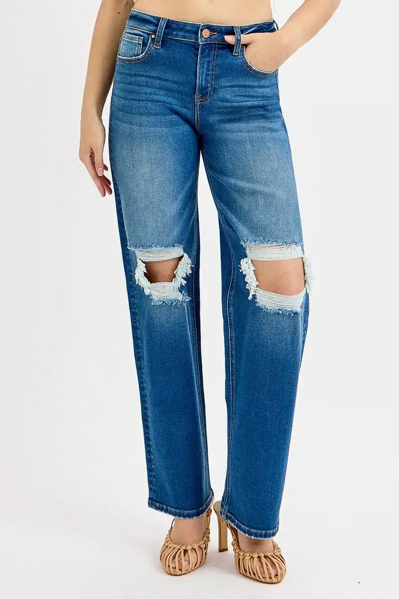 Refined Raw-Hem Distressed Washed Pocketed Straight Leg Jeans