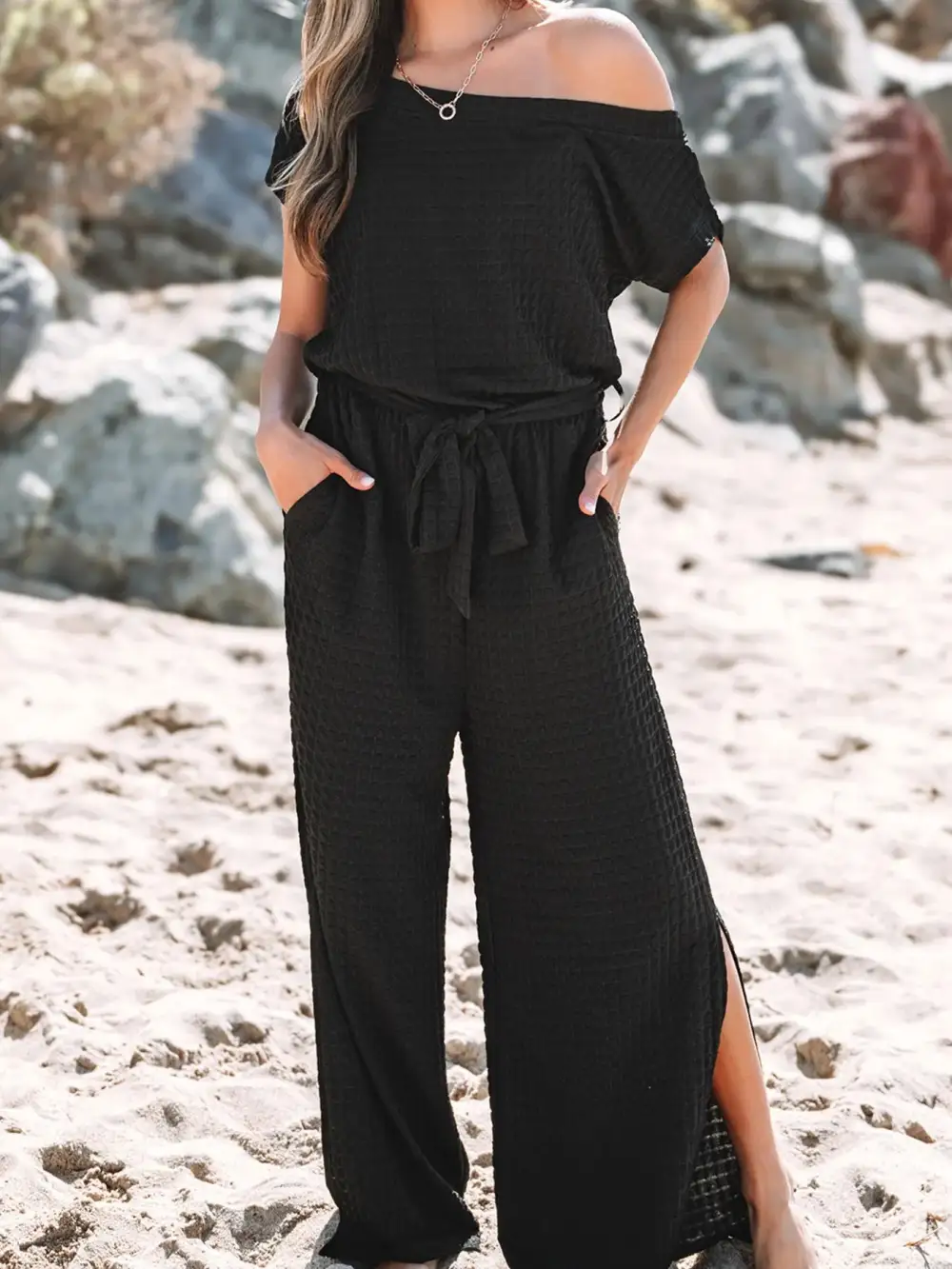 One Shoulder Short Sleeve Knotted Waist Shorts