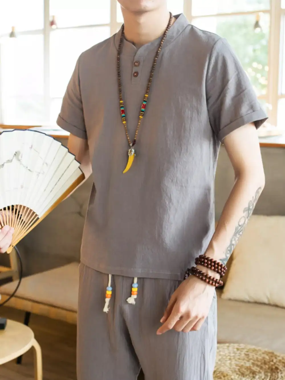 Men's Plus Size Button Detail Short Sleeve Top