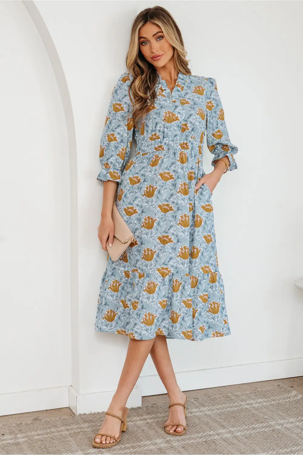 Lightweight Feel Floral Printed V Neck Dress