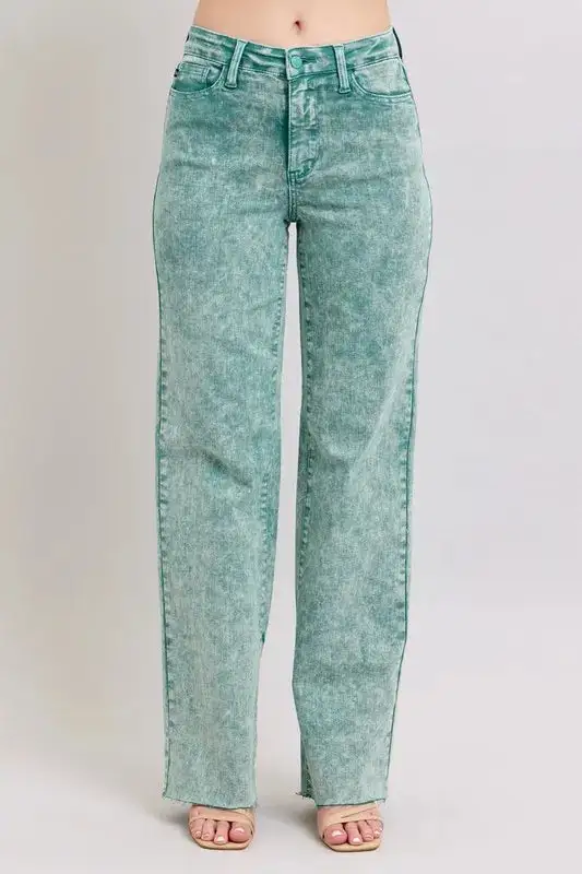 High-Waist Relaxed Raw-Hem Washed Straight Leg Jeans