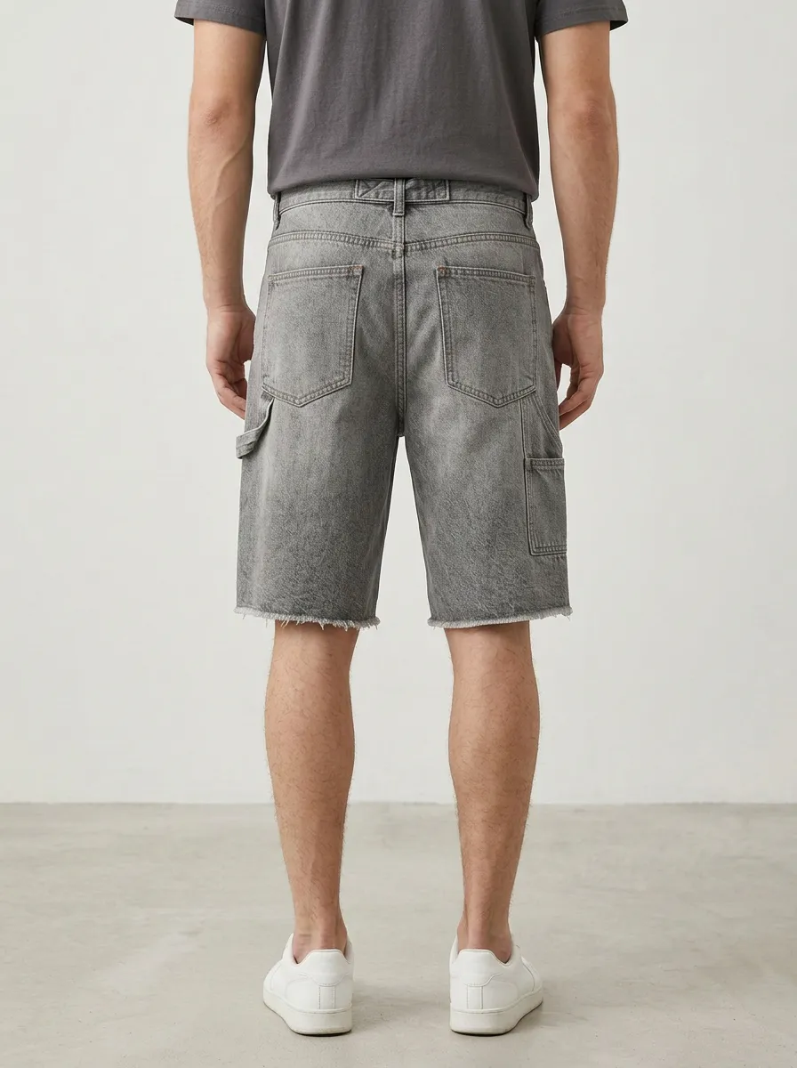 Mobility-Focused Distressed Raw Hem Workwear Look Men's Distressed Raw Hem Denim Shorts