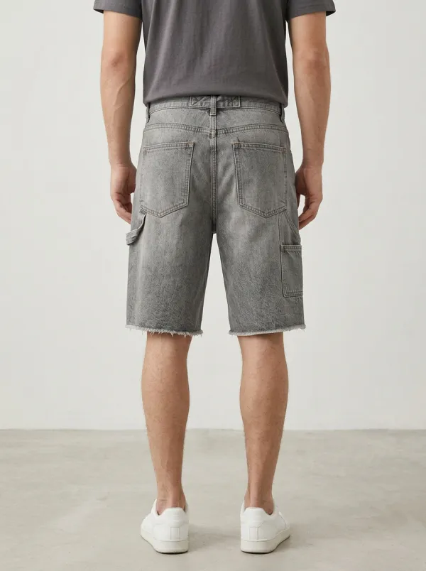 Mobility-Focused Distressed Raw Hem Workwear Look Men's Distressed Raw Hem Denim Shorts