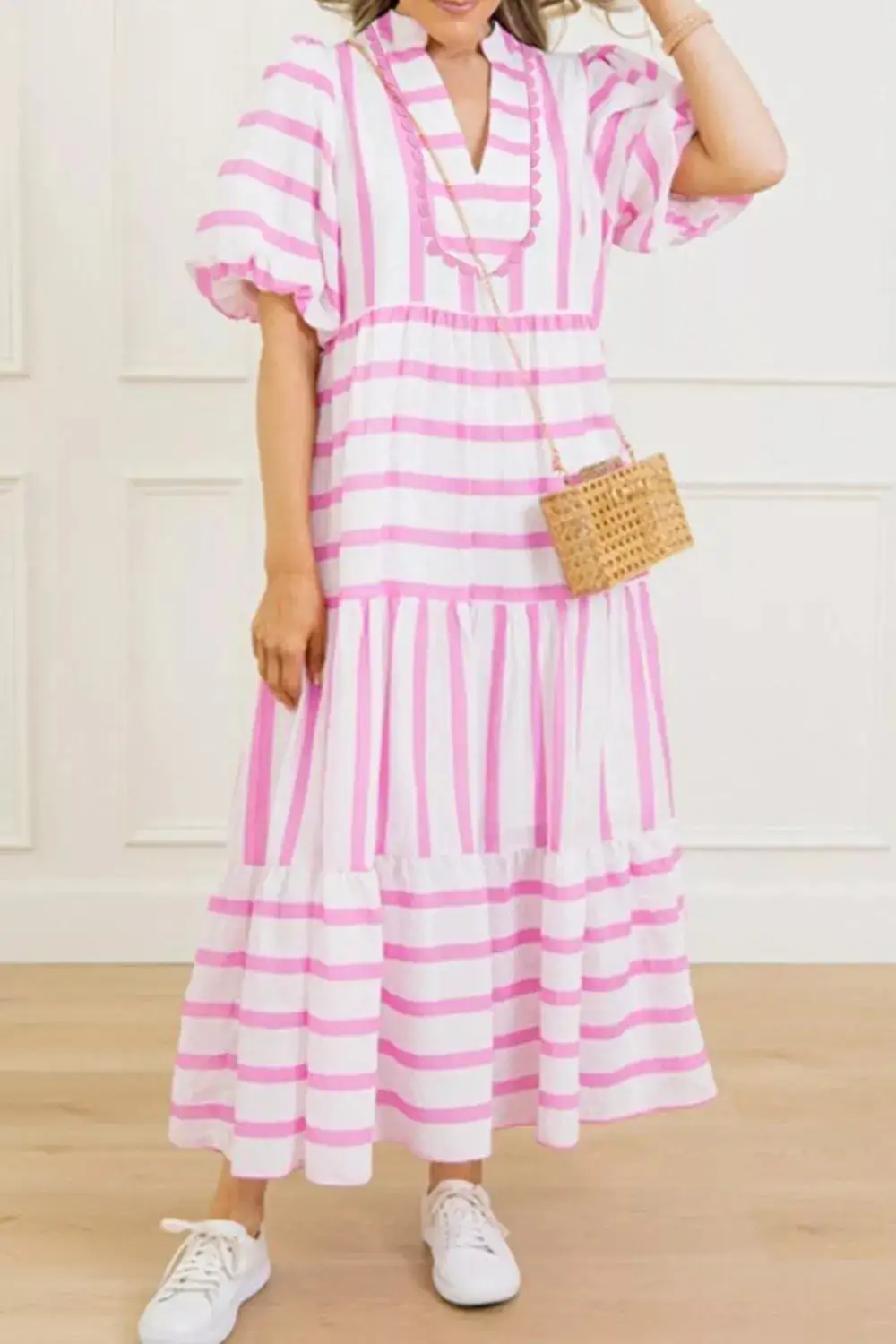 Striped Split Neck Short Sleeve Dress Casual