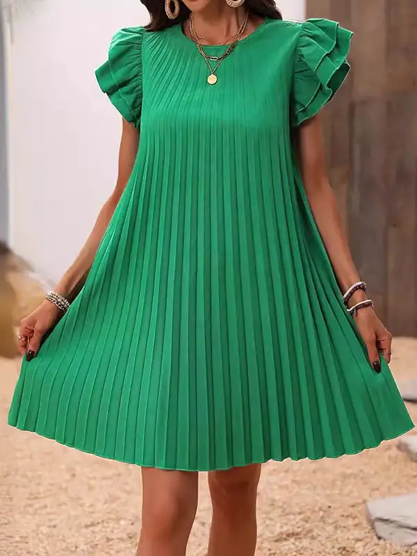 Refined A Line Relaxed Hollow Pleated Solid Color Split Joint Round Neck