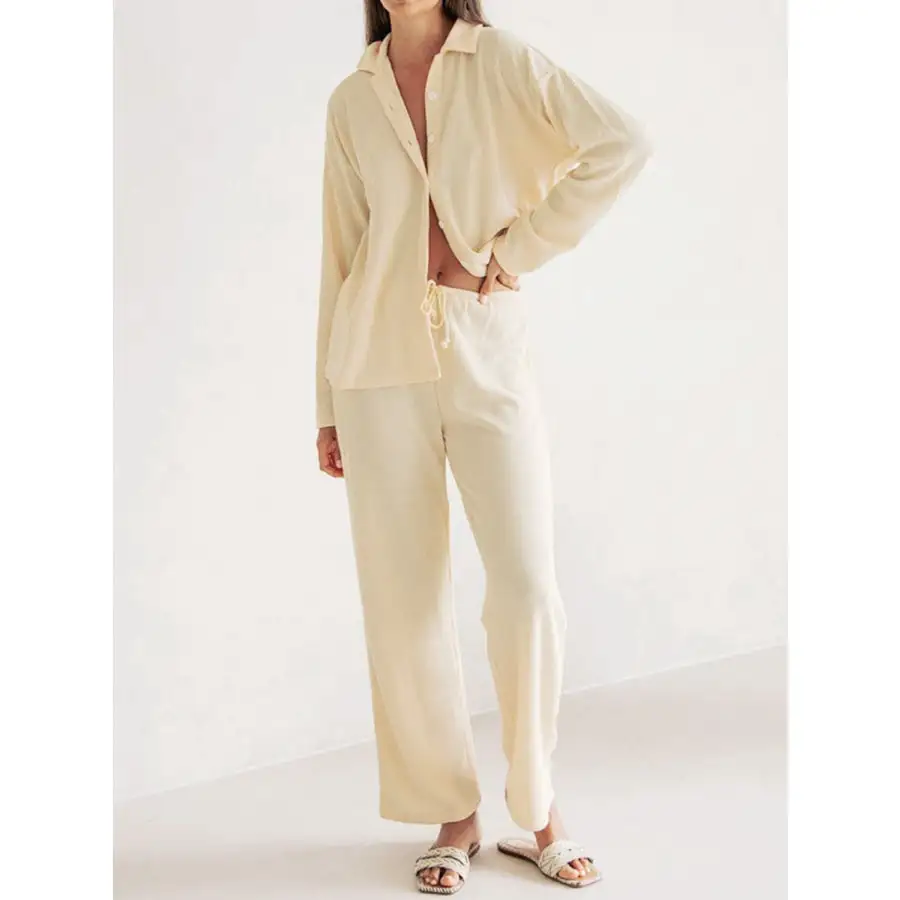Collared Neck Long Sleeve Top and Drawstring Pants Set