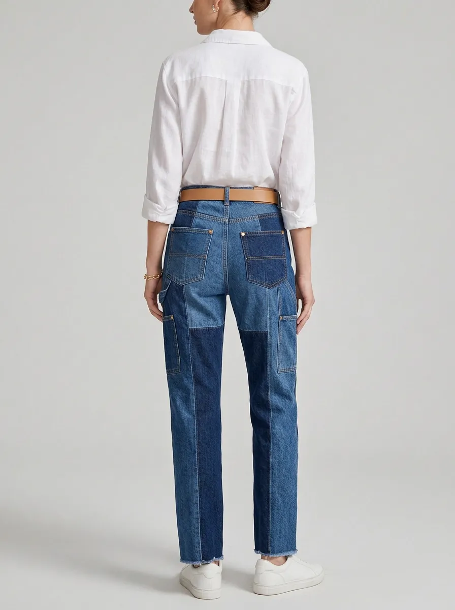 Women's Two-Tone Patchwork High-Waisted Denim Jeans
